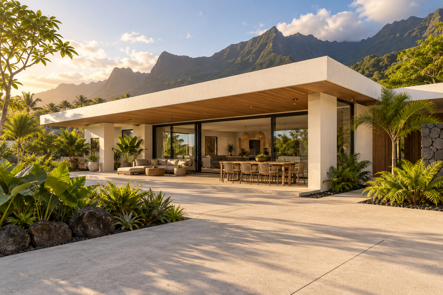 Illustration d’une maison contemporaine ouverte sur un jardin tropical à La Réunion